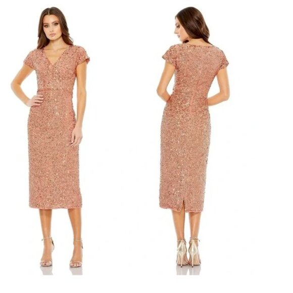 Mac Duggal Rose Gold Peachy Sequined Short Sleeve Midi Dress Style 10766 - Picture 6 of 9